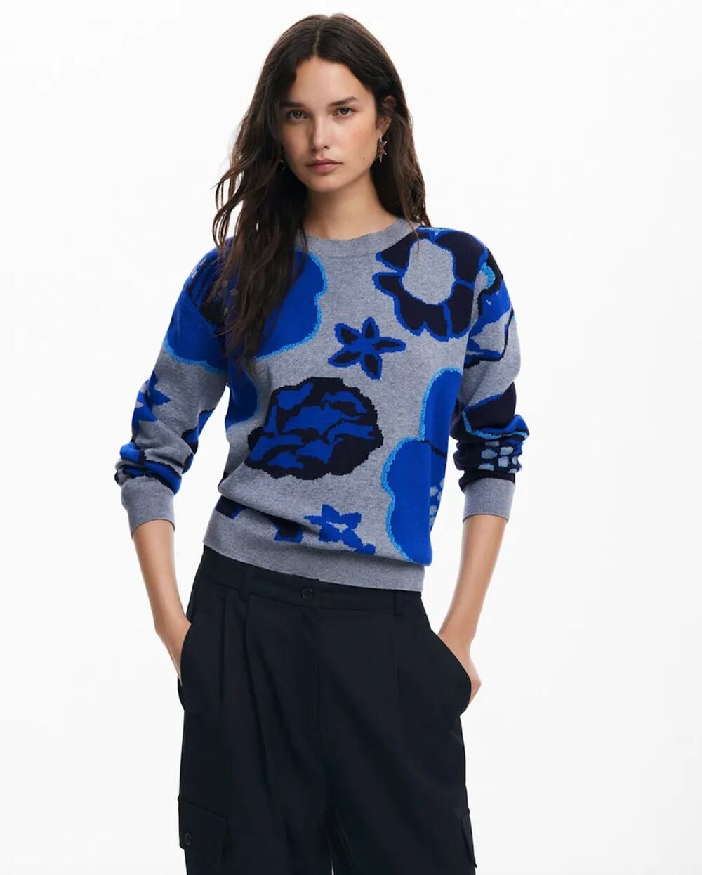 Desigual Niagara Floral Abstract Knit Crewneck Sweater Art to Wear Blue Gray